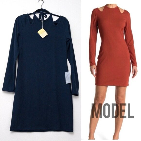 NWT Dual Nature Nordstrom Ribbed Cold Shoulder Halter Bodycon Mini Dress M Navy - Picture 1 of 8